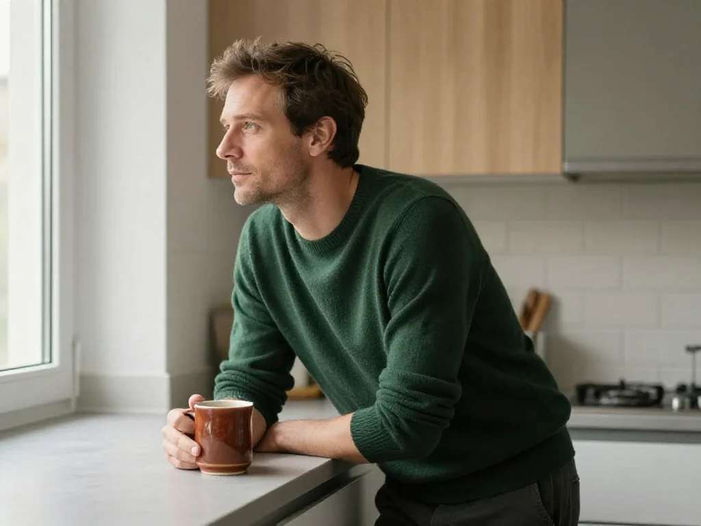 Un homme français au style de vie moderne savoure un café matinal dans une cuisine lumineuse.